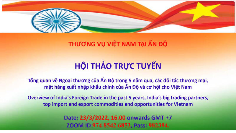 Thư mời hội nghị trực tuyến Thông tin về thị trường Ấn Độ ngày 23/3/2022